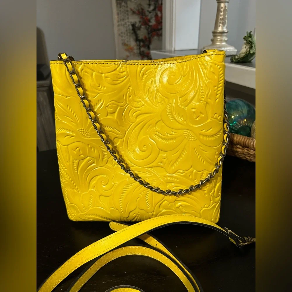 PATRICIA NASH Yellow Tooled Leather Ledra Bucket / Crossbody Bag - Picture 3 of 11